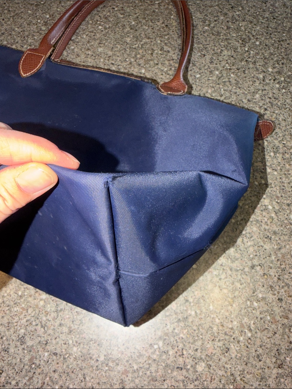 Longchamp Le Pliage Navy Tote with Brown Leather Trim - Authentic - Picture 5 of 8